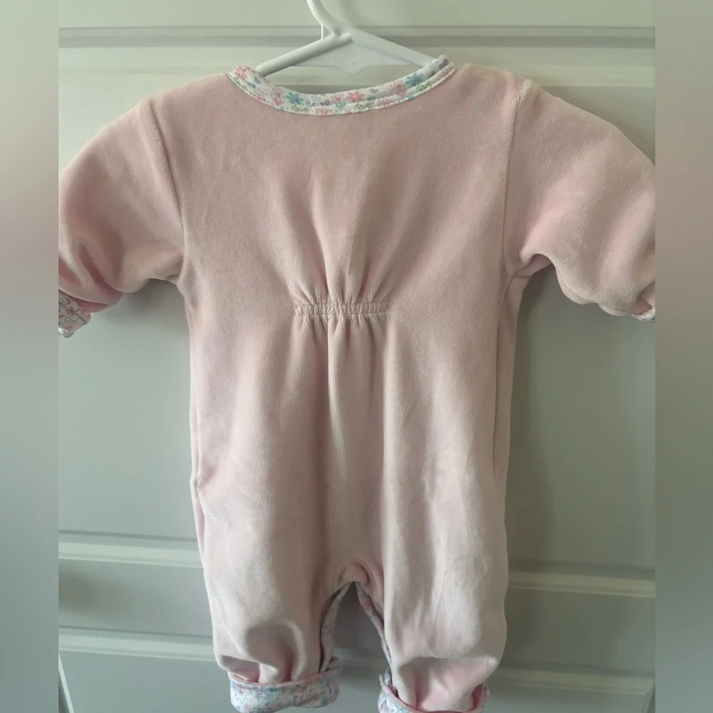 Kissy Kissy Pink Velour Floral-Trim Playsuit Size 0-3 M
